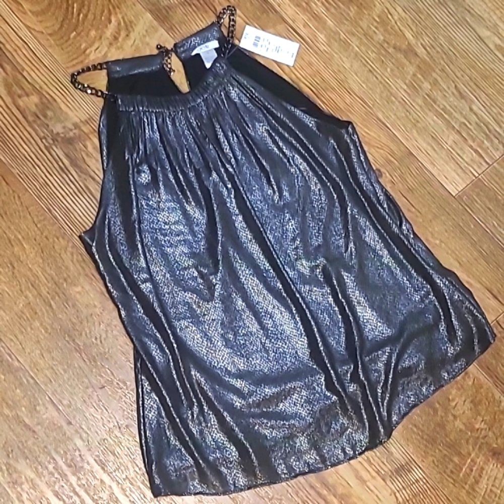 NWT! Cache Gunmetal Metallic Sleeveless Top, Size Large